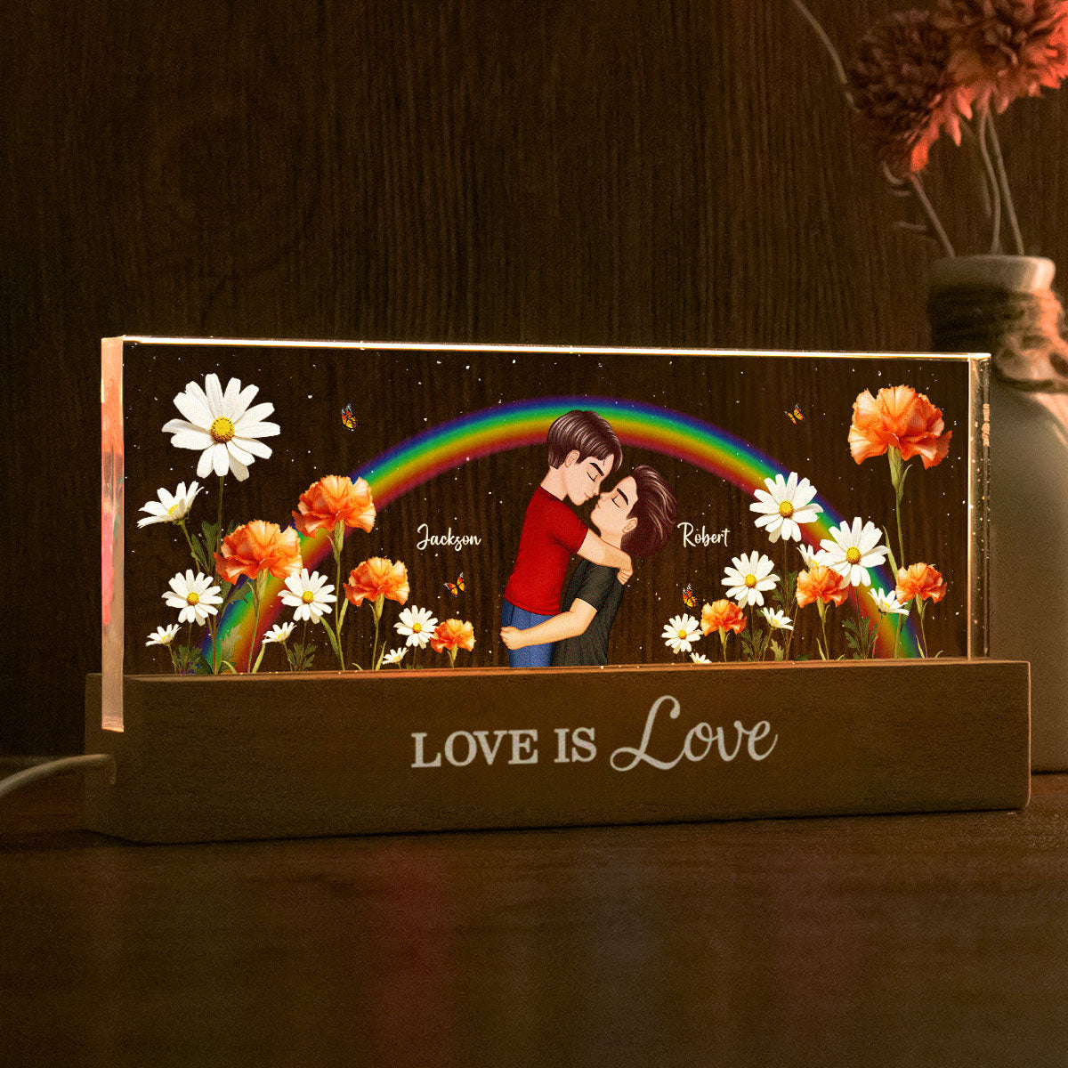 LGBTQ Couple Hugging Kising Birth Month Flower Personalized Acrylic Block LED Night Light