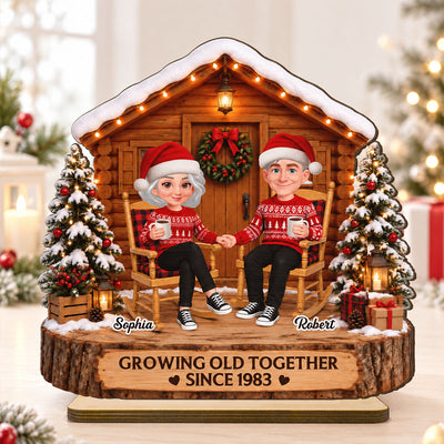 Eternal Love Couple Growing Old Together Wood Cabin House - Personalized 2-Layered Wooden Plaque - Christmas Gift, Anniversary Gift For Couple, For Him, For Her, Christmas Tabletop Decor