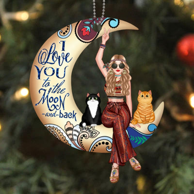 Cat Mom And Cats On Moon Paisley Hippie Personalized Wooden Ornament
