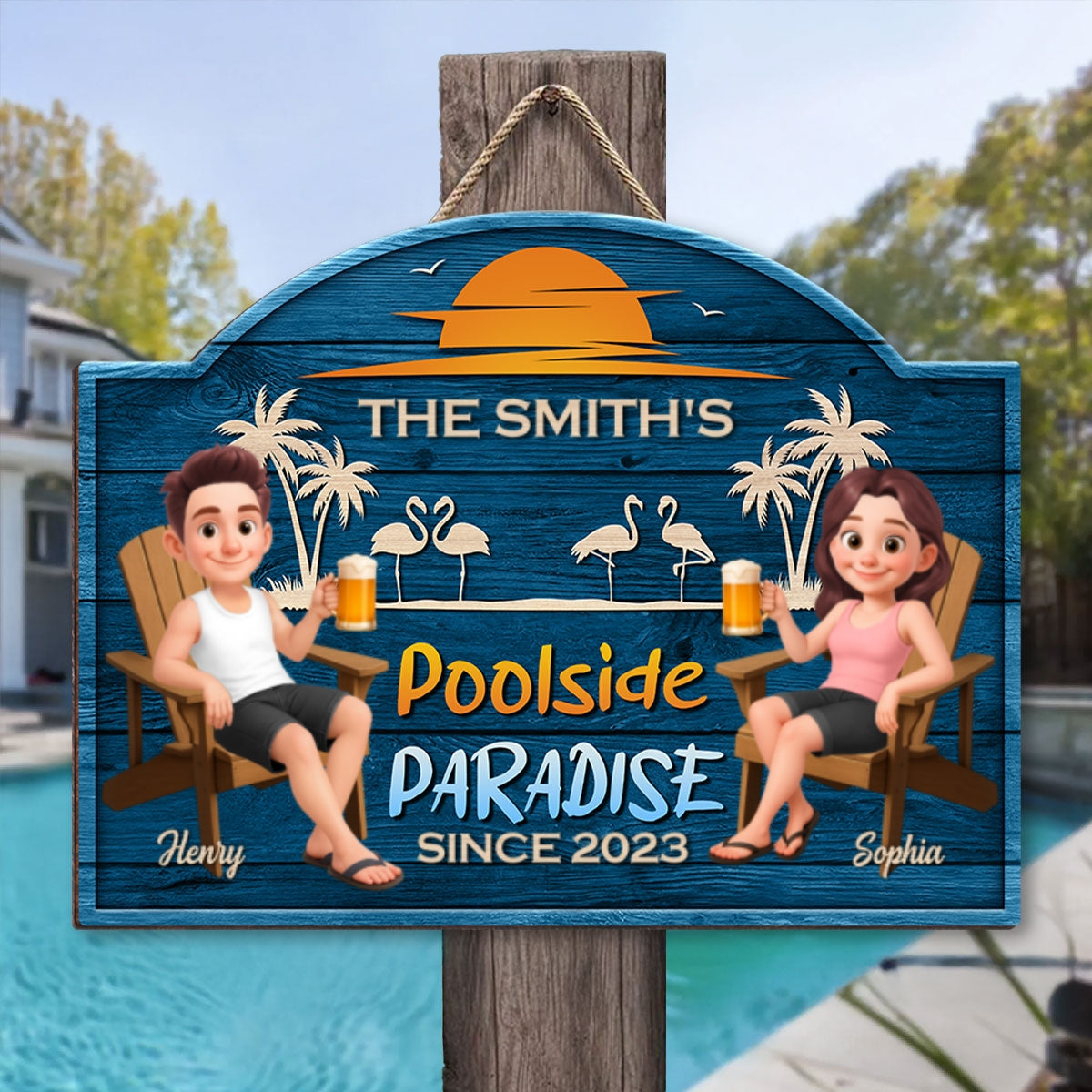 Cute Cartoon Couple Family Poolside Paradise Personalized Wood Sign