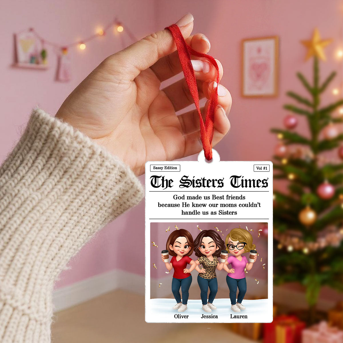 Newspaper Besties Sisters Friends Personalized Acrylic Ornament, Christmas Gift