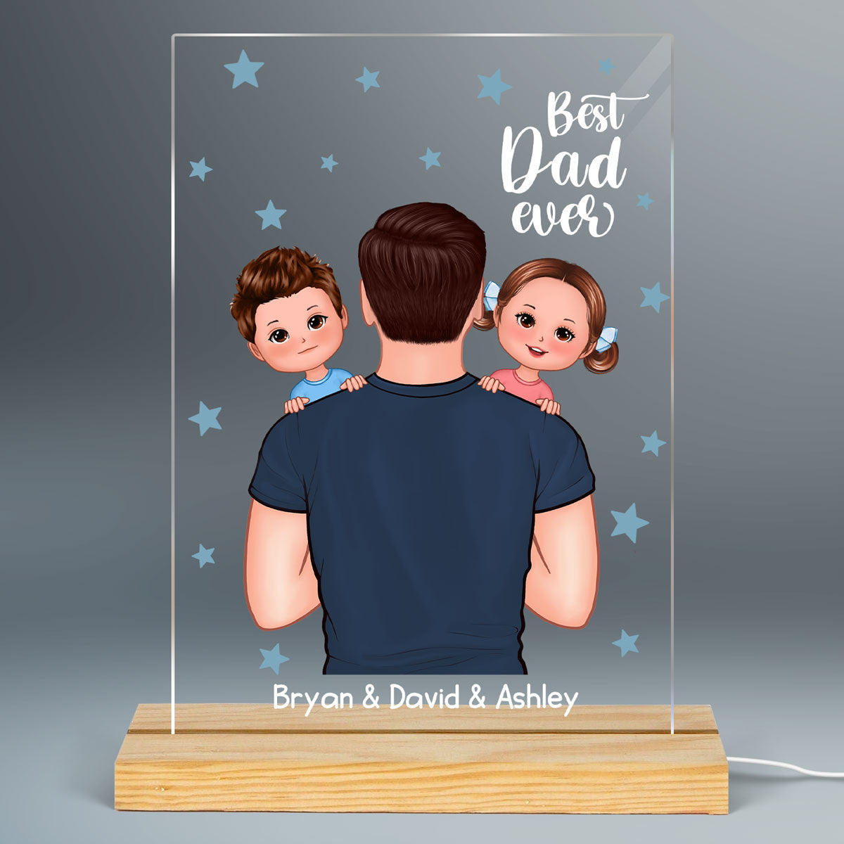 Best Dad Ever Holding Kids Blue Star Personalized Acrylic LED Night Light