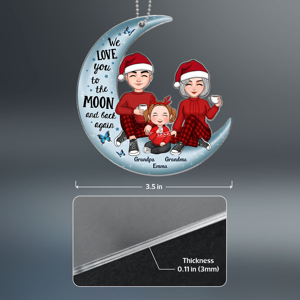 Cute Grandma Grandpa Grandparents & Grandkid On Moon Personalized Acrylic Ornament