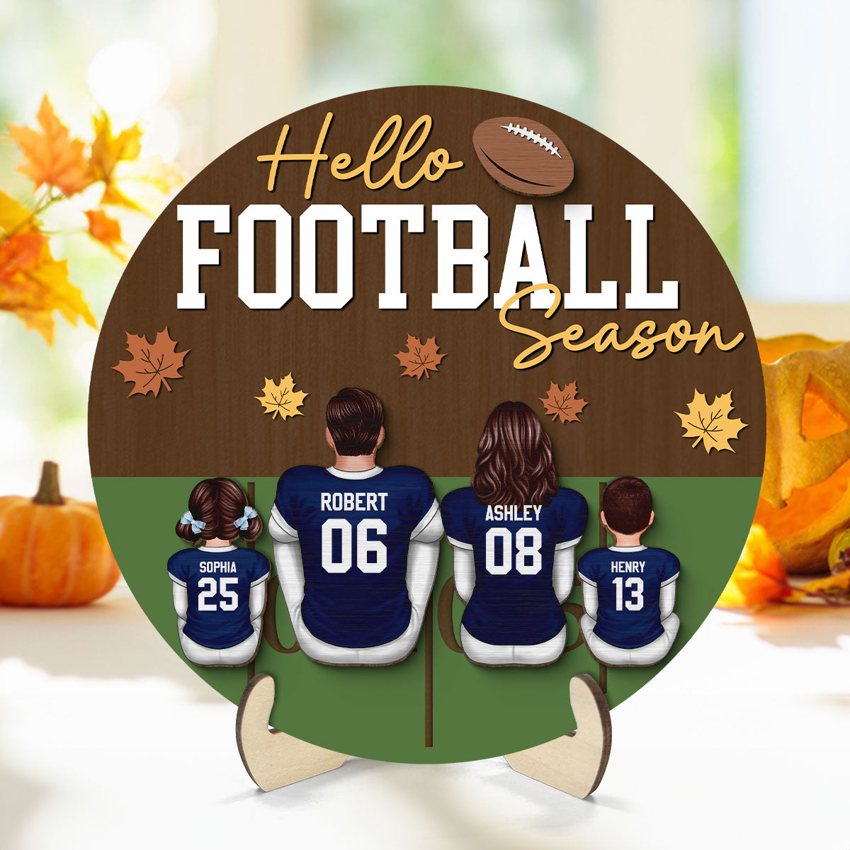 Hello Football Season Family Sitting Personalized 2-Layer Wooden Plaque, Gift For Husband, Wife, Dad, Mom