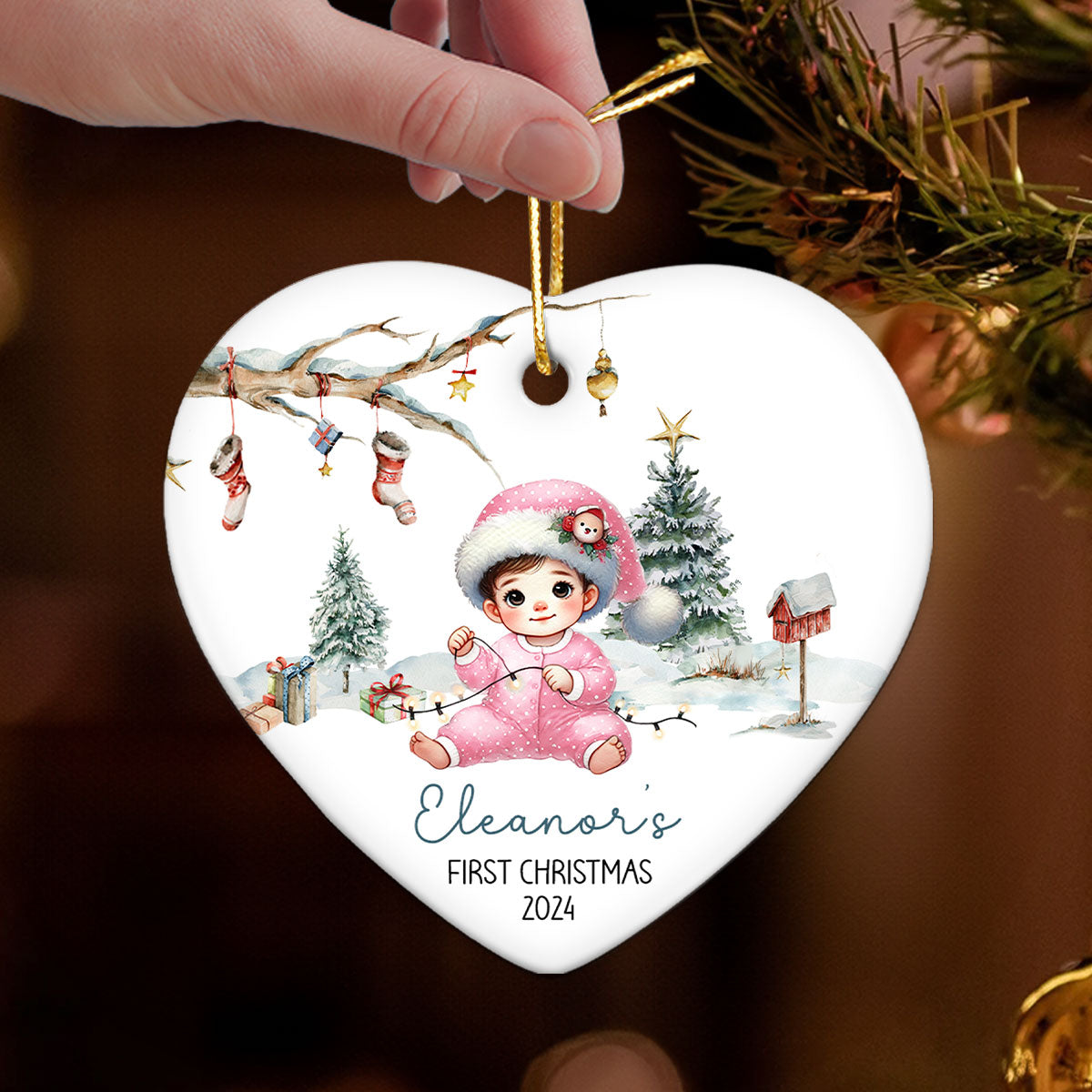 Watercolor Woodland Baby's First Christmas Personalized Heart Shaped Ceramic Ornament, Christmas Gift Keepsake for New Mom New Dad