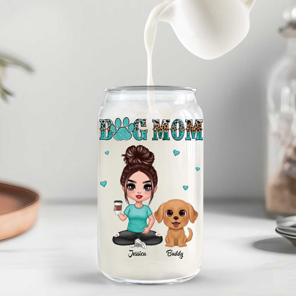 Watercolor Cute Dogs Teal And Leopard Dog Mom Personalized Clear Glass Can