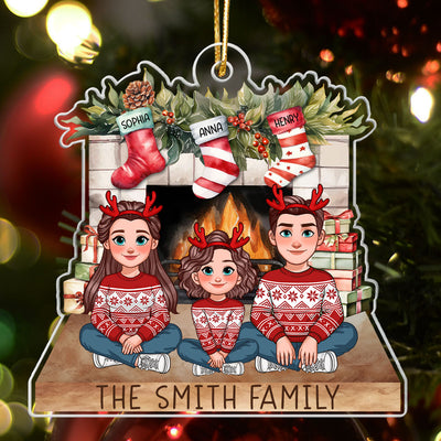 Animated Family Sitting At Christmas Fireplace Personalized Acrylic Ornament