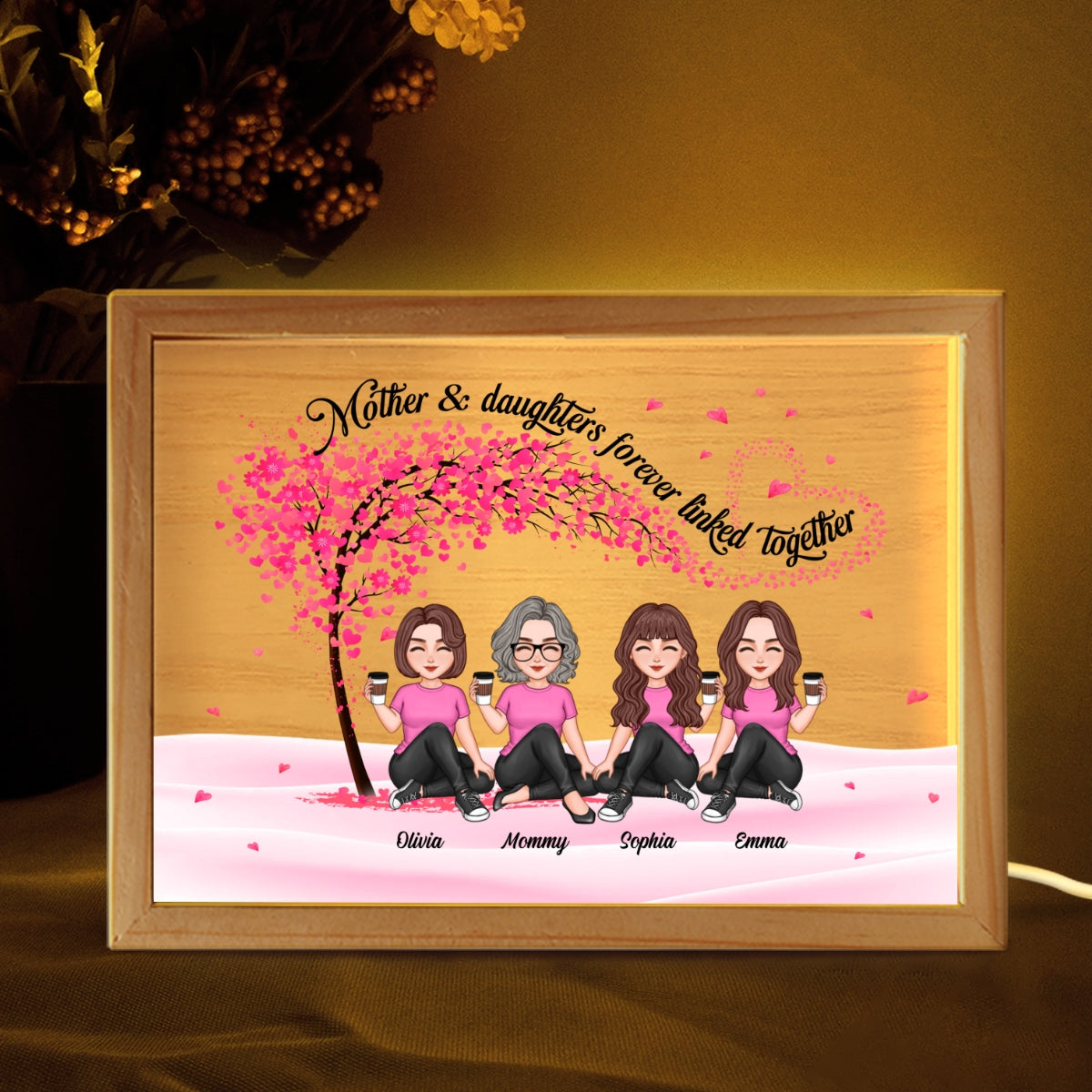 Mom And Daughters Under Pink Tree Personalized Wooden Frame Light Box