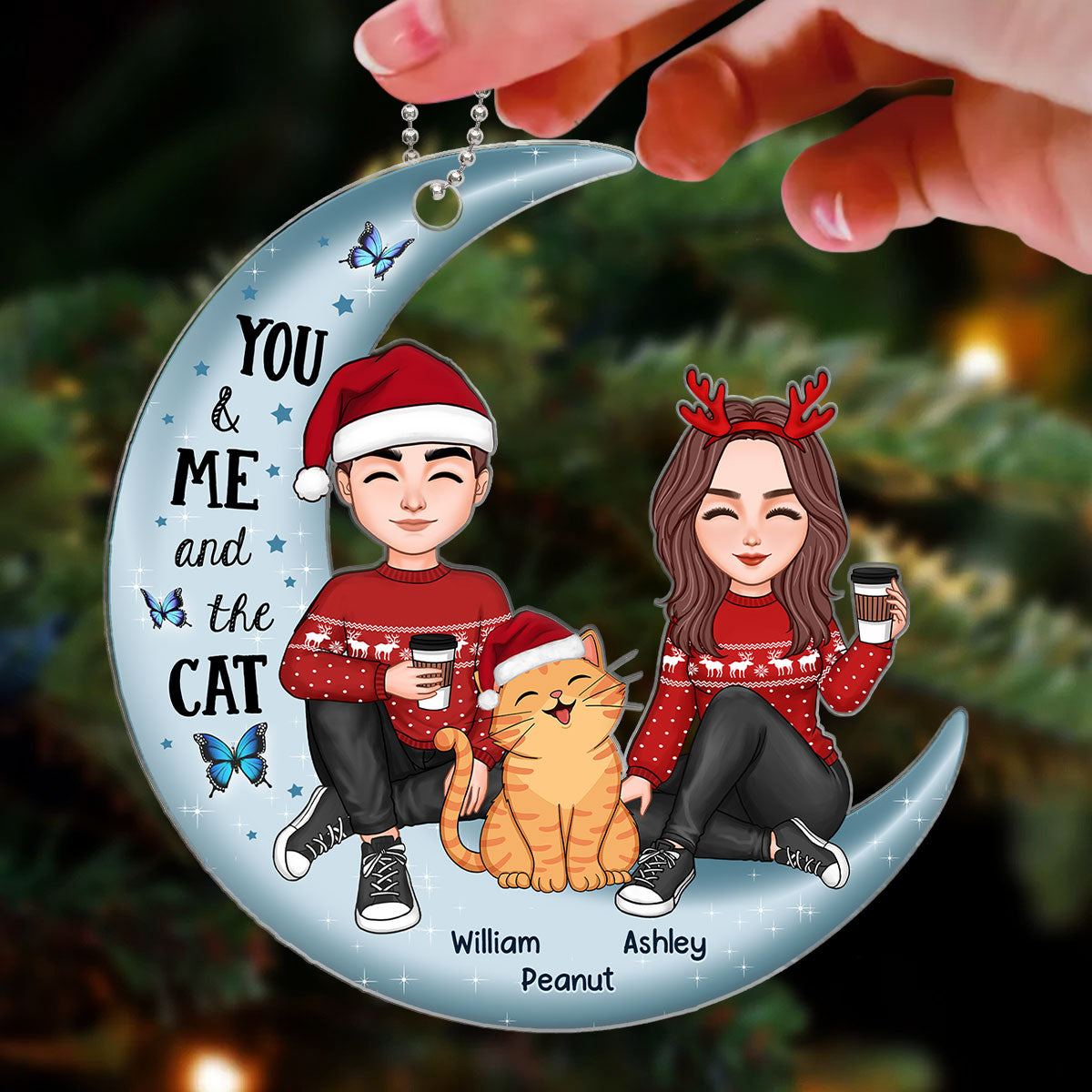 Couple And Smiling Cat On Moon Personalized Acrylic Ornament