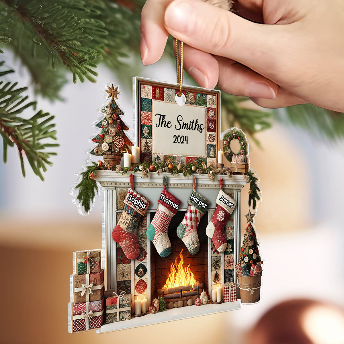 3D Effect Quilting Patchwork Fabric Patterns Fireplace Family Names Christmas Personalized Acrylic Ornament