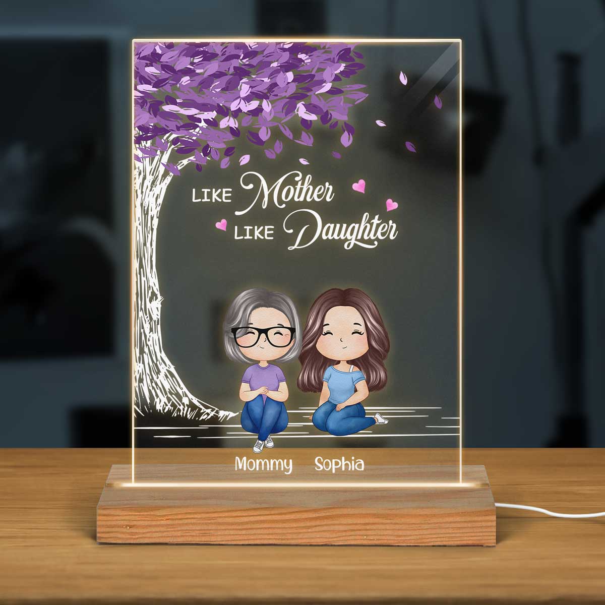Like Mother Like Daughter Purple Tree Doll Woman Sitting Watercolor Style Personalized LED Night Light
