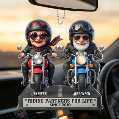 Old Biker Couple Riding Partners for Life - Personalized Acrylic Car Hanger - Sentimental Gift for her, for him