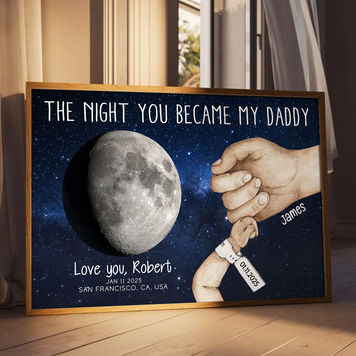 Daddy Newborn Holding Hands Moon Phase Art Personalized Poster, Gift For New Dad, First Time Dad
