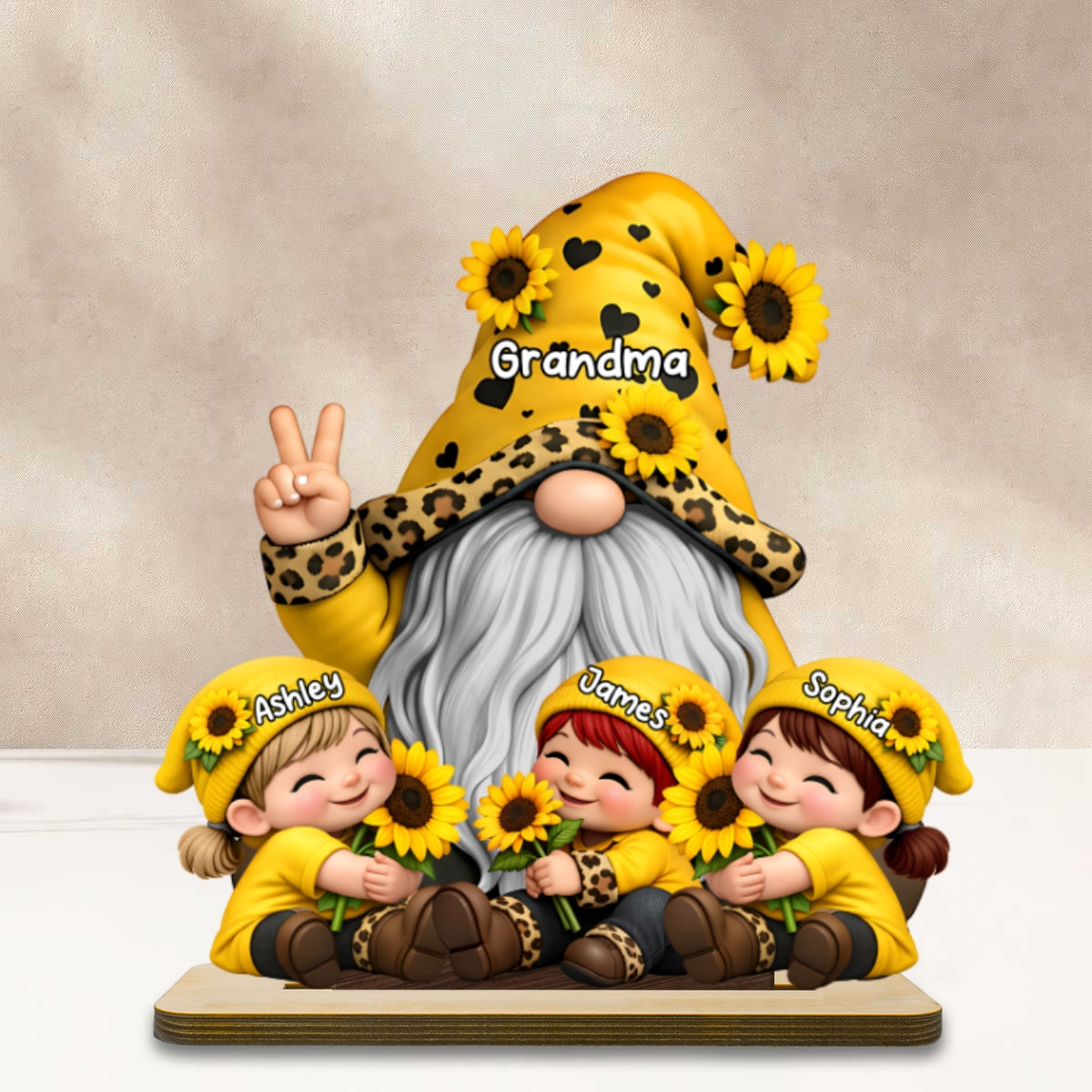 Gnome Grandma & Grandkids Sunflower - Personalized 2-Layered Wooden Plaque - Sentimental Gift for Grandma