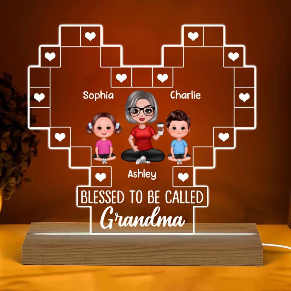 Grandma Heart Blessed Personalized Heart Acrylic LED Night Light