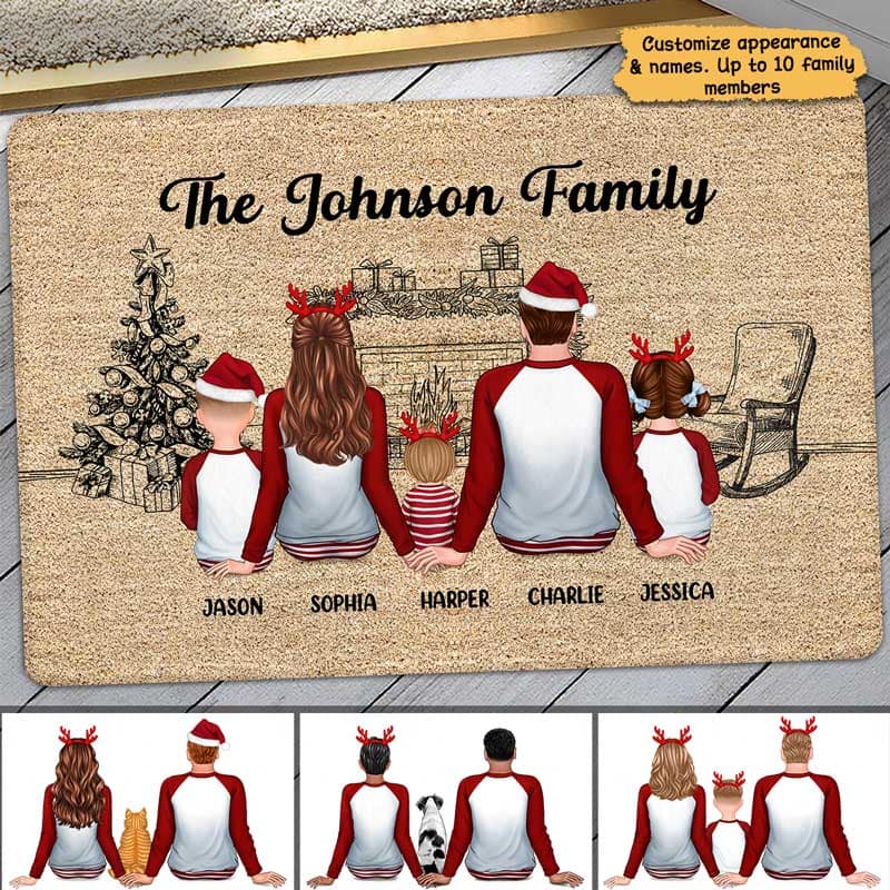 Pajamas Family Sitting At Fireplace Sketch Personalized Doormat