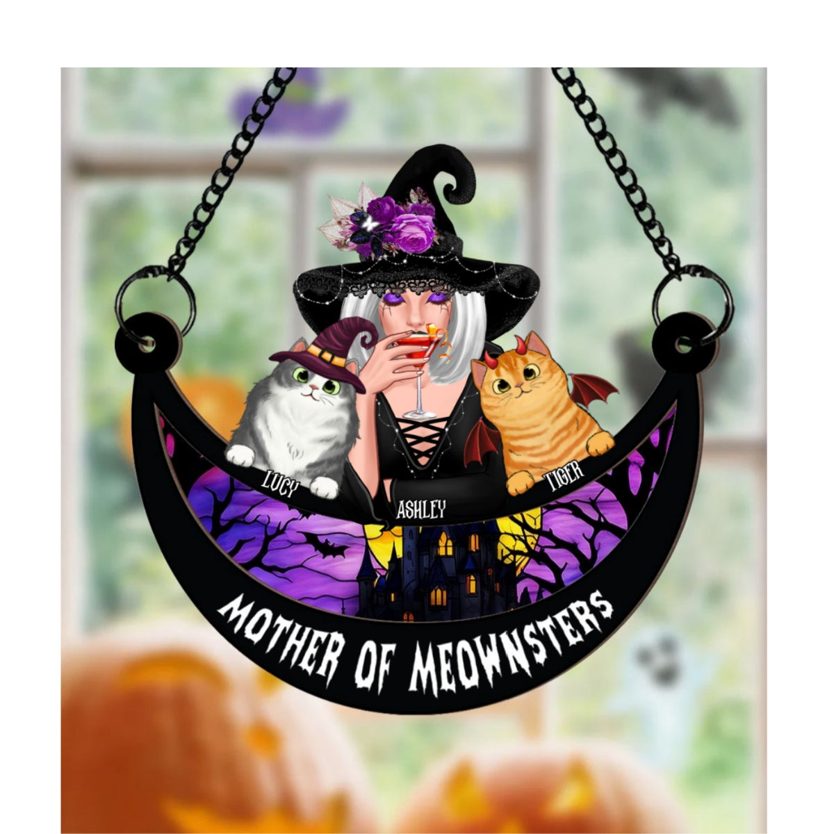 Wicked Cat Mom Stained Glass Moon Personalized Suncatchers, Halloween Decor For Cat Lovers