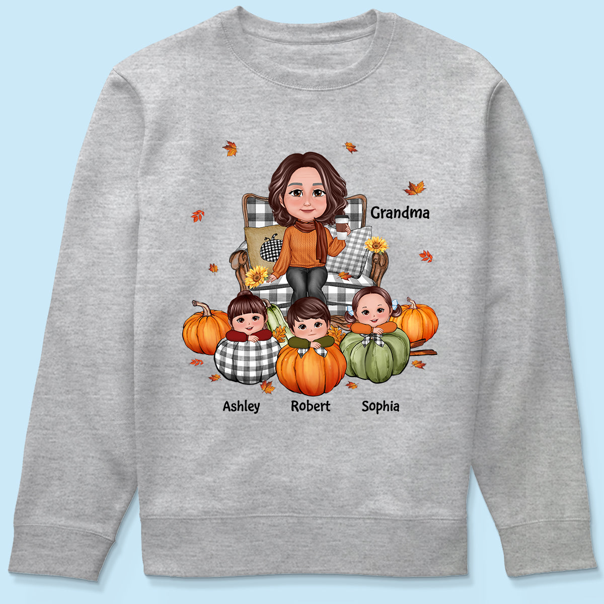 Grandma Sitting On Chair & Kids Pumpkin - Personalized Shirt