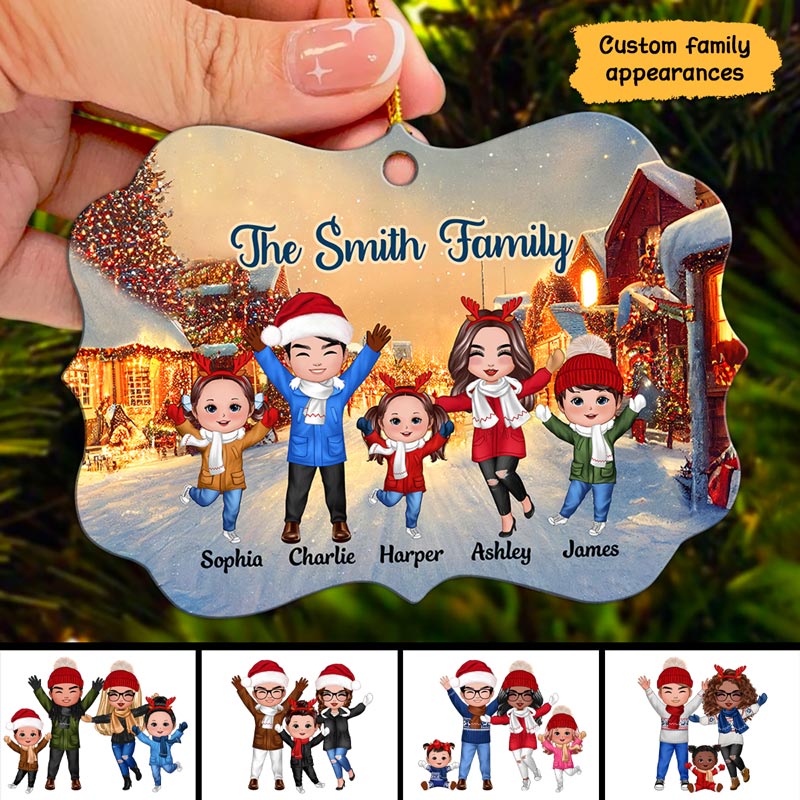 Christmas Night Happy Doll Family On The Street Personalized Christmas Ornament
