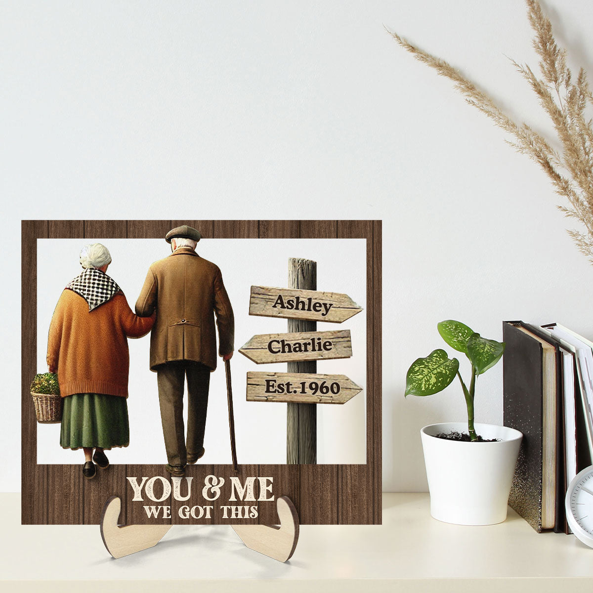 Old Couple Walking Together Personalized 2-Layer Wooden Plaque, Heartfelt Gift For Couple, For Him, For Her, Husband, Wife