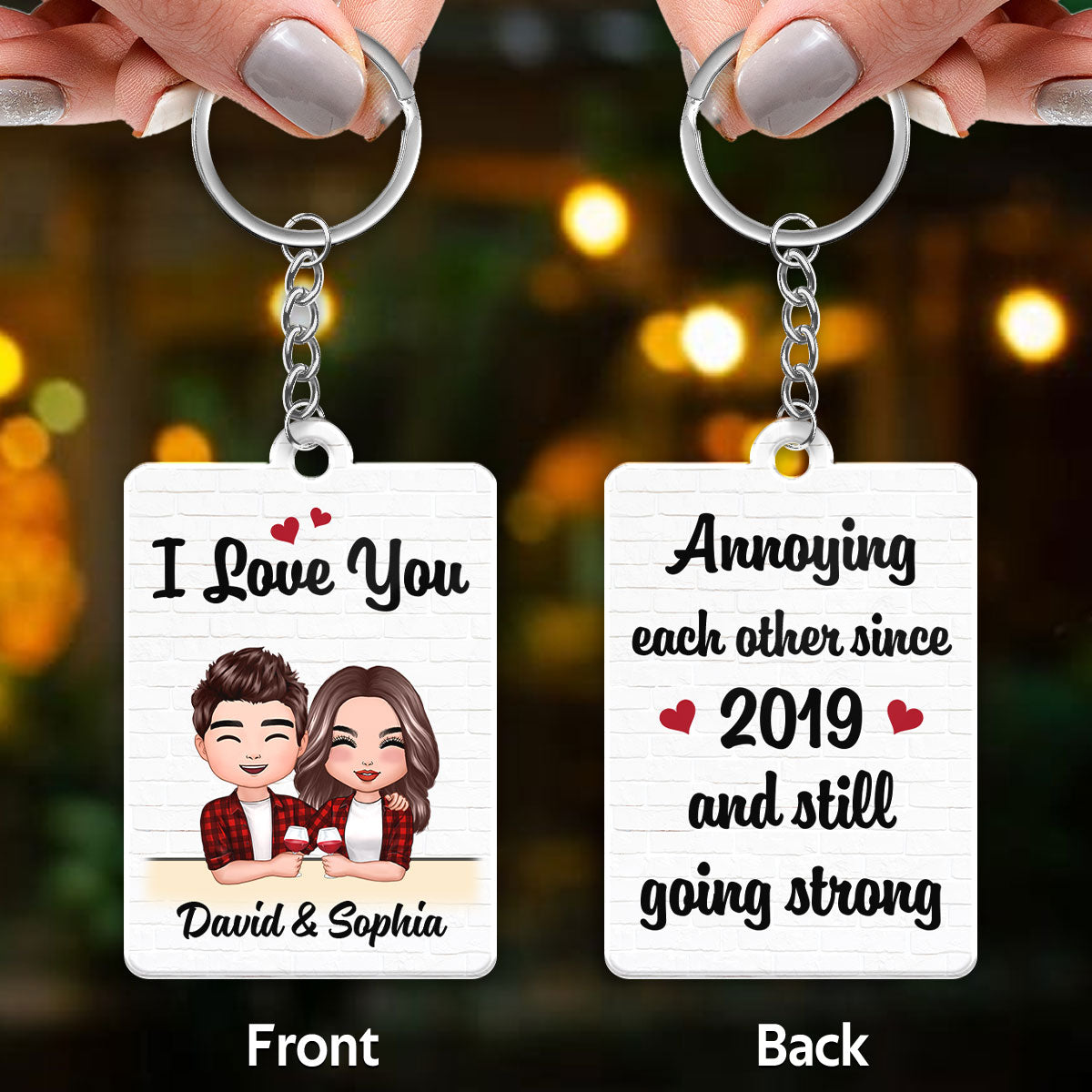 Doll Couple Hugging Holding Drinks Personalized Acrylic Keychain