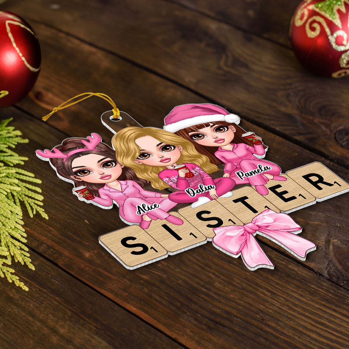 Coquette Besties Sisters Puzzle Art Personalized Acrylic Ornament, Christmas Gift For Besties Sisters Friends