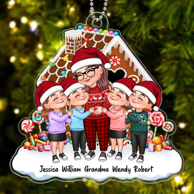 Cartoon Grandma & Grandkids Hugging Gingerbread House Personalized Acrylic Ornament