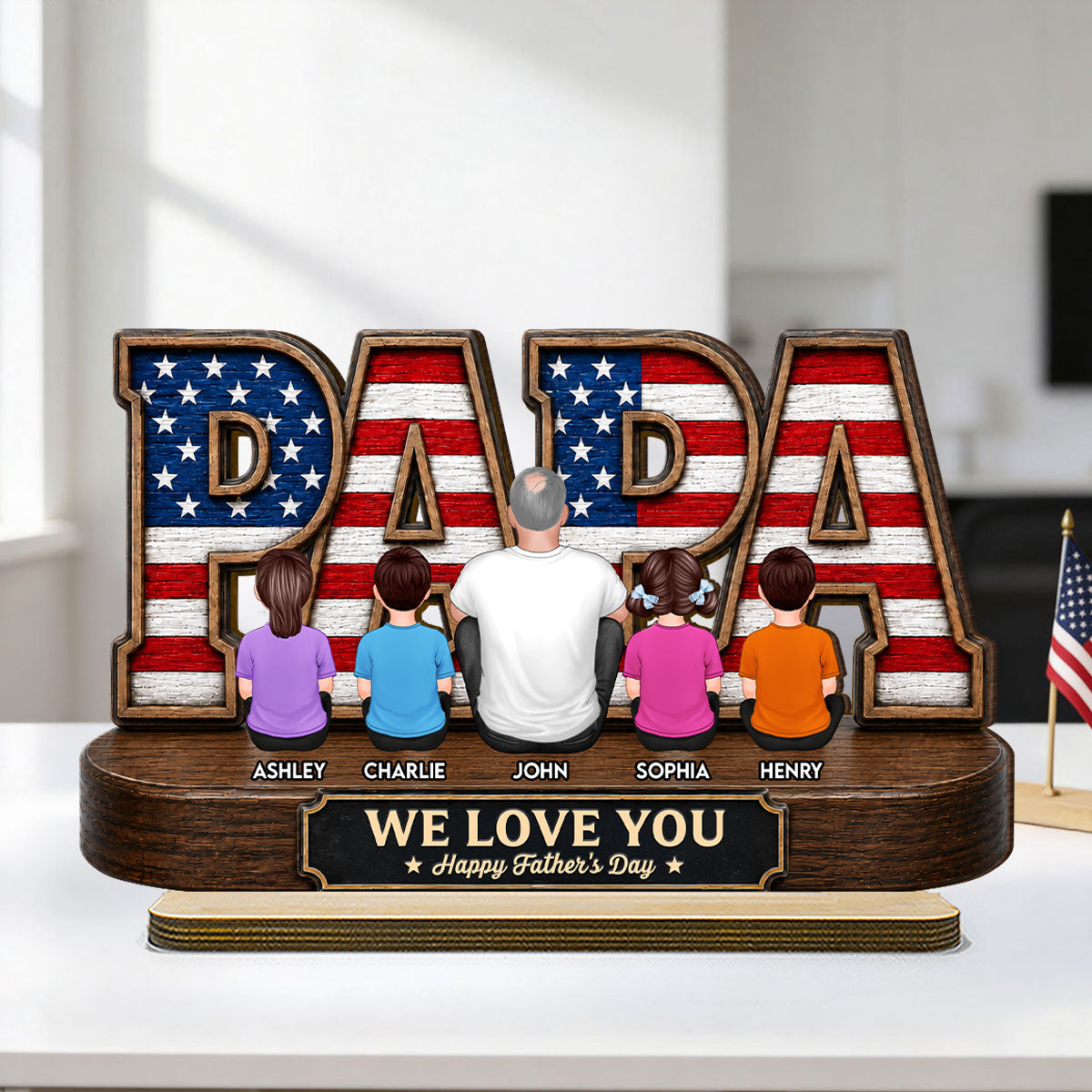 Proud Papa Grandpa Nation Flag Grandpa Dad And Kids - Personalized 2-Layered Wooden Plaque - Father's Day Gift For Dad, Husband