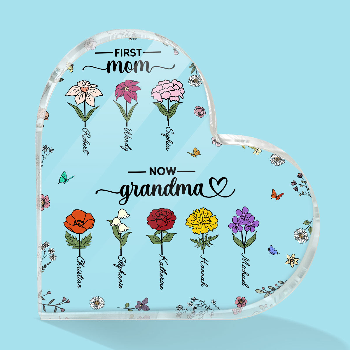 First Mom Now Grandma Birth Month Flower Personalized Acrylic Heart Plaque
