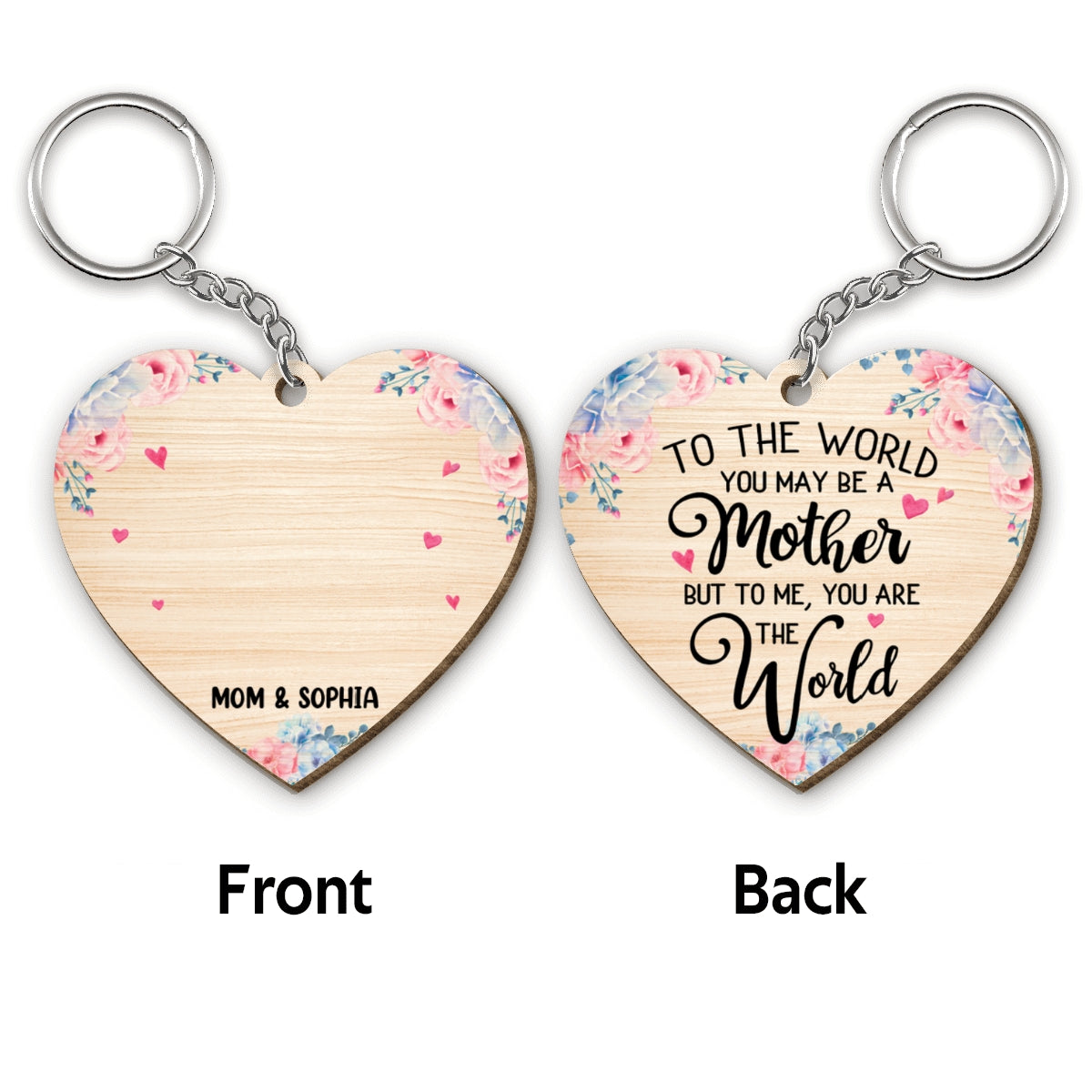 You Are The World Mother And Daughter Heart Shape Personalized Wooden Keychain