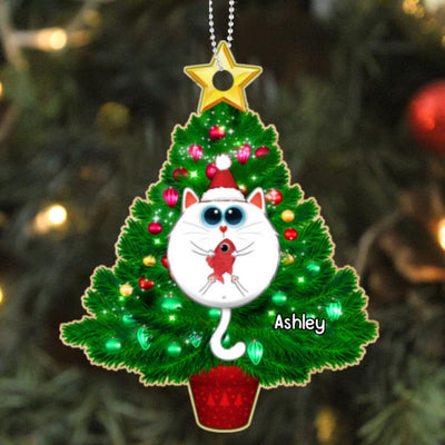 Christmas Tree Round Fluffy Cat Personalized Wooden Ornament