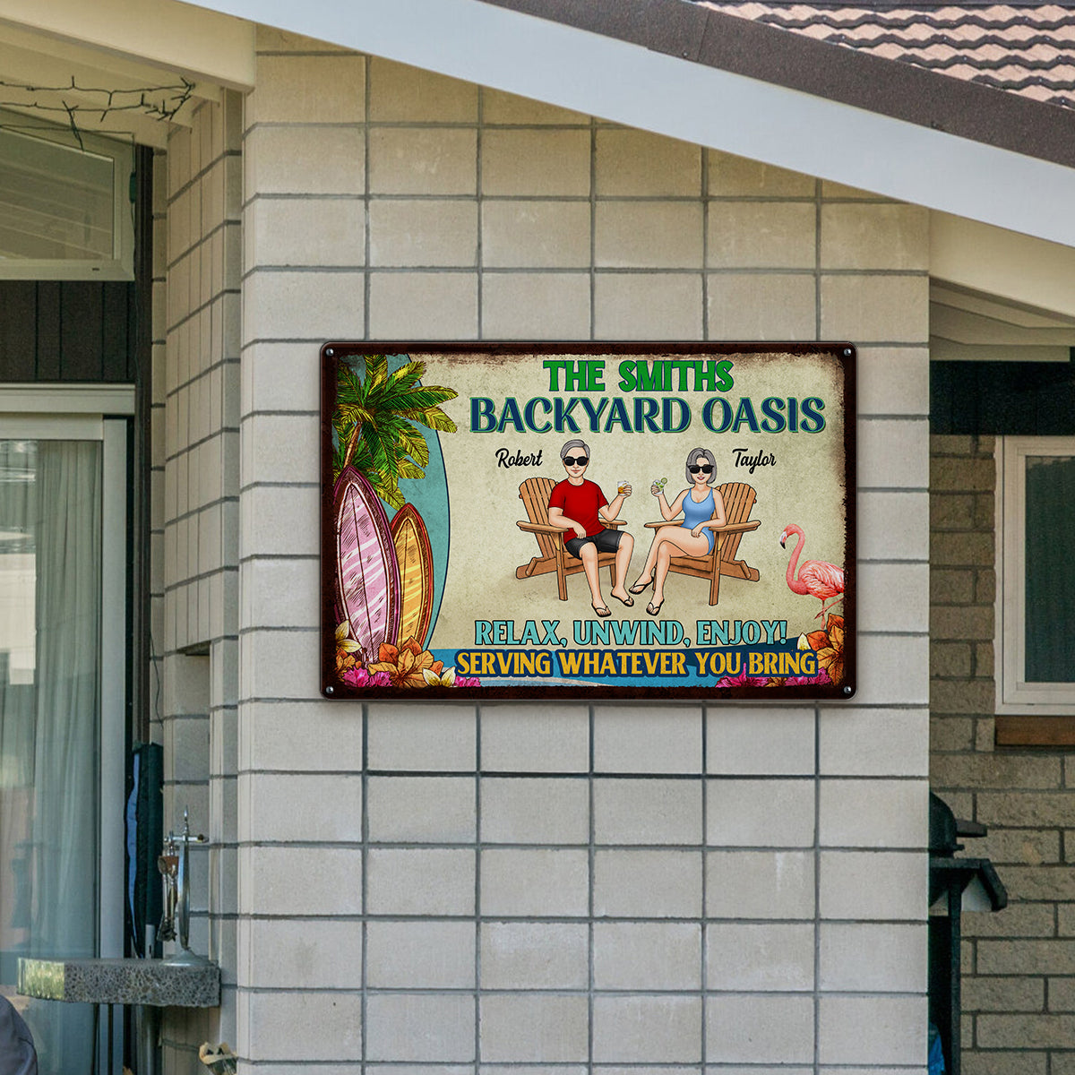 Backyard Oasis Serving Whatever You Bring, Personalized Metal Sign, Patio Decor, Pool Sign, Tiki Bar