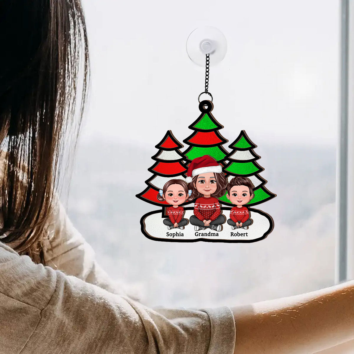 Christmas Trees Grandma Grandkids Sitting Personalized Suncatcher, Christmas Decoration