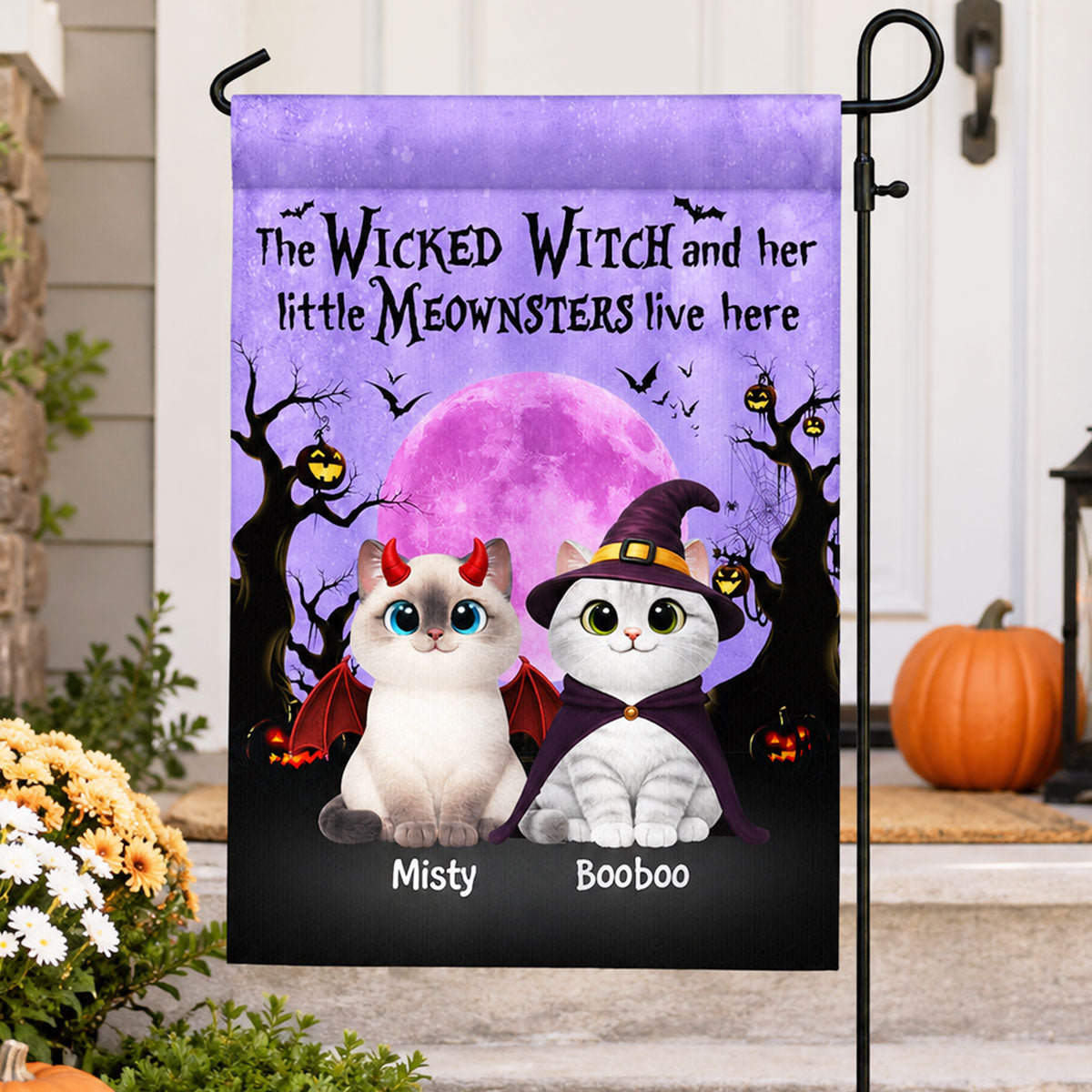Halloween Theme The Wicked Witch And Her Meownsters Cats Live Here - Personalized Garden Flag - Halloween Decor For Cat Lovers