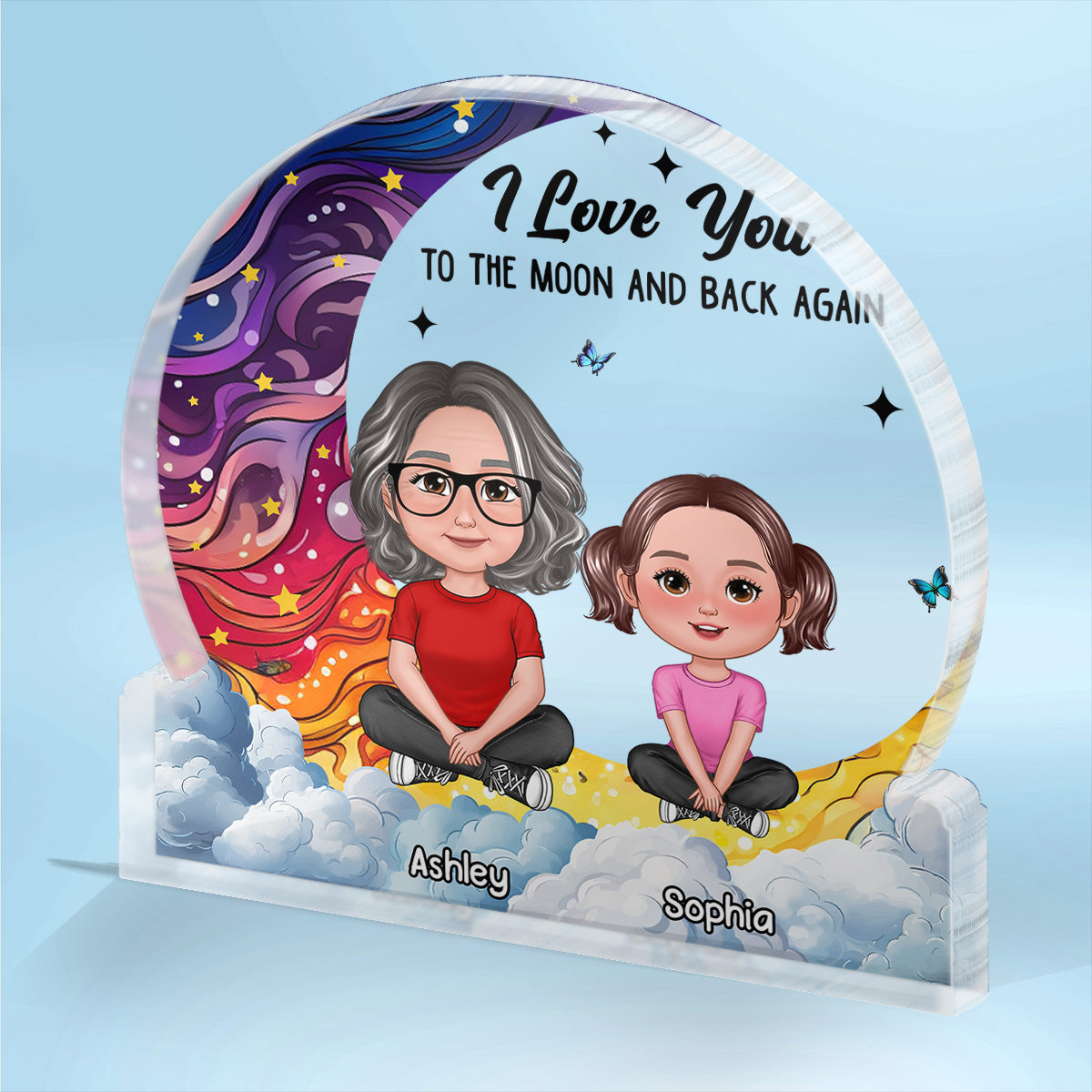 Love You To The Moon Grandma & Grandkids Sitting Crossed Legs Personalized Acrylic Block Plaque