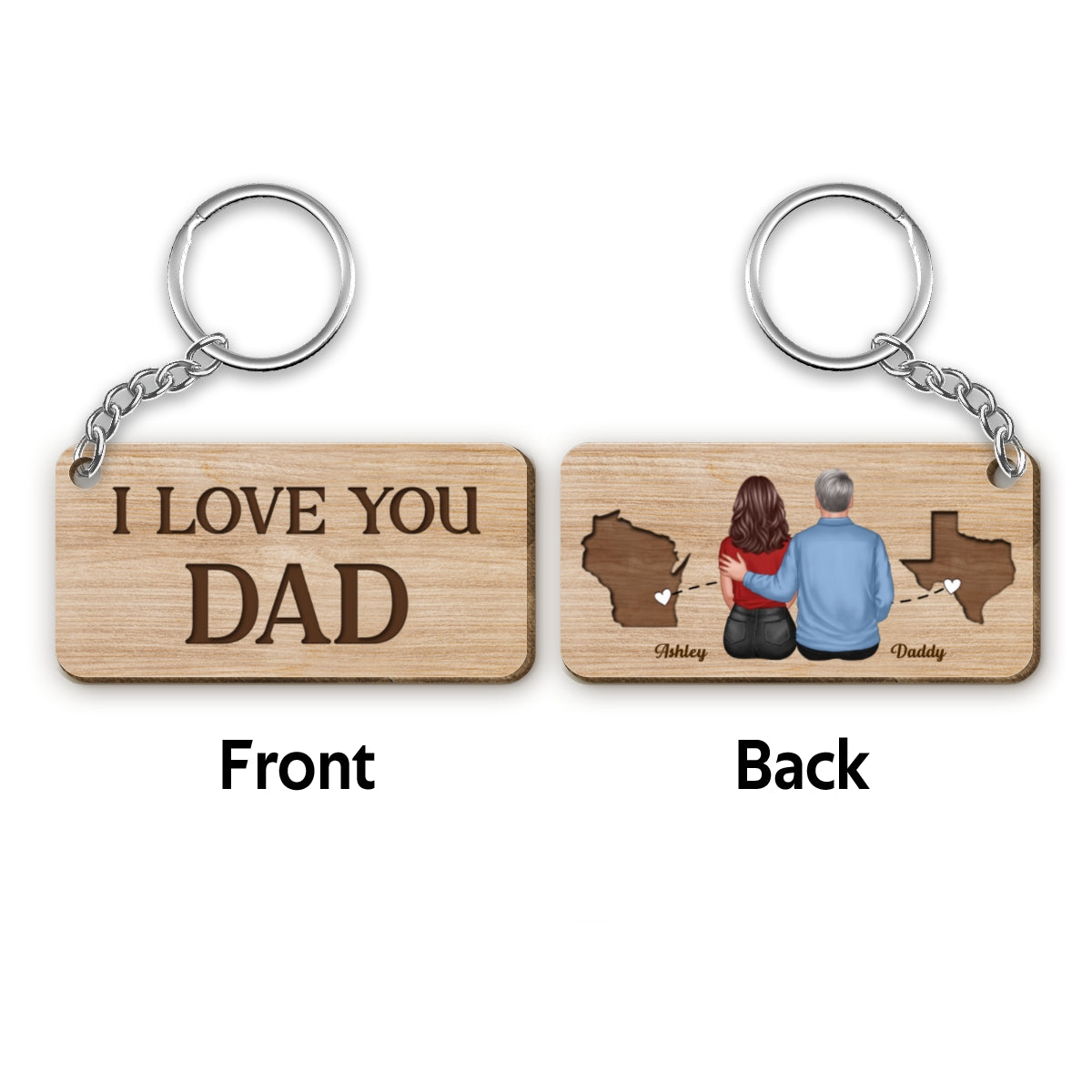 Long Distance I Love You Dad Back View Dad And Daughter Son Personalized Wooden Keychain