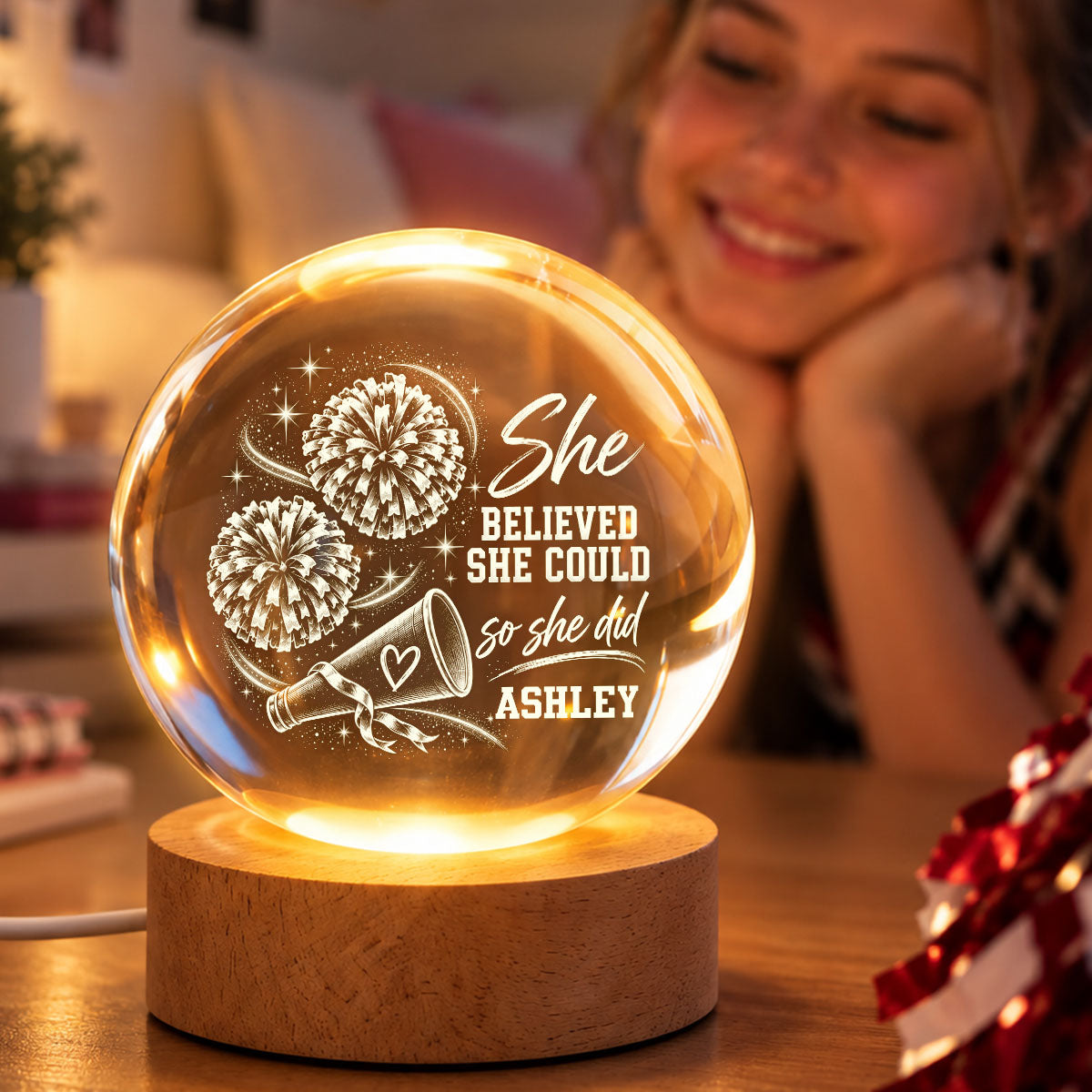Beautiful Proud Cheerleader Custom Name - Personalized Crystal Ball LED Night Light - Christmas Gift For Cheerleaders, Daughter, Granddaughter