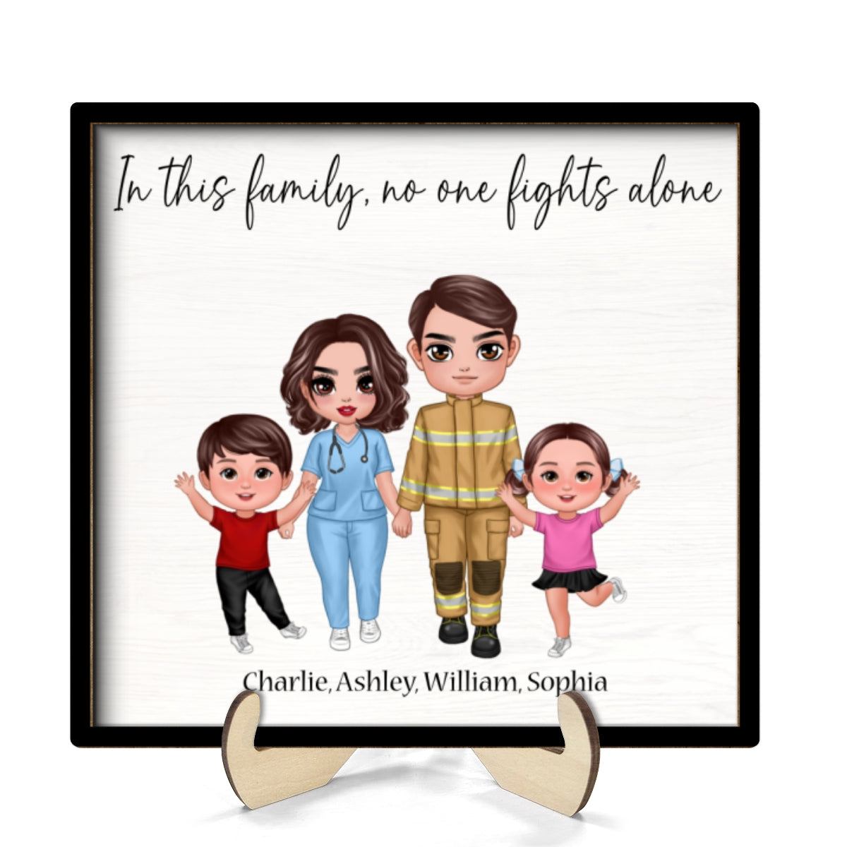 In This Family No One Fights Alone Family Gift By Occupations Nurse Firefighter Police Officer Personalized 2-Layer Wooden Plaque