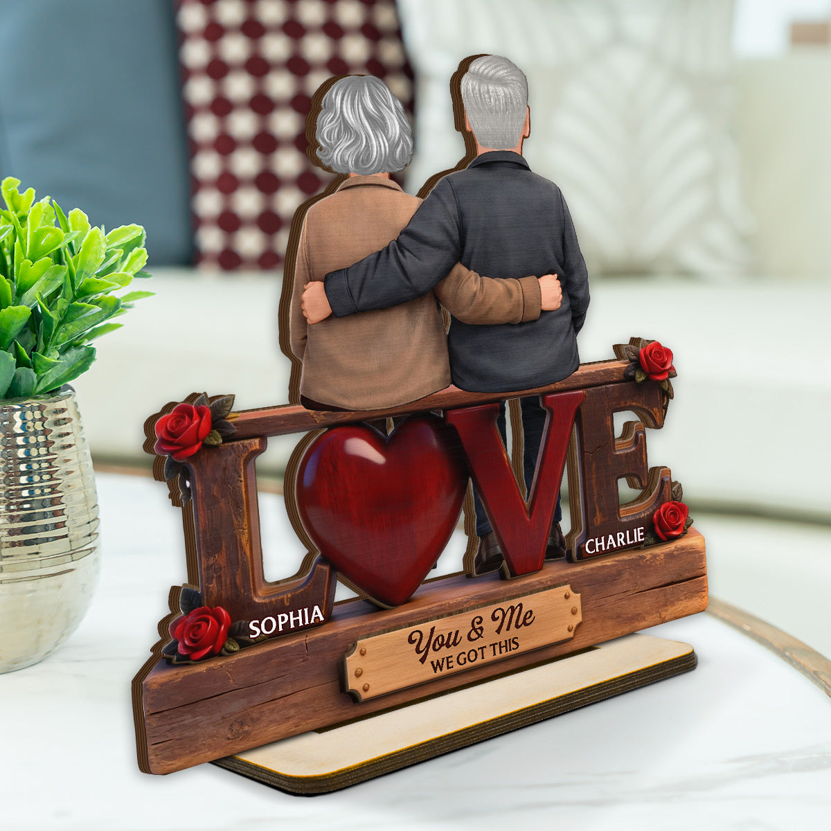 Roses LOVE Back View Old Couple Sitting Embracing - Personalized 2-Layered Wooden Plaque - Valentine's Day Gift For Couple, For Him, For Her