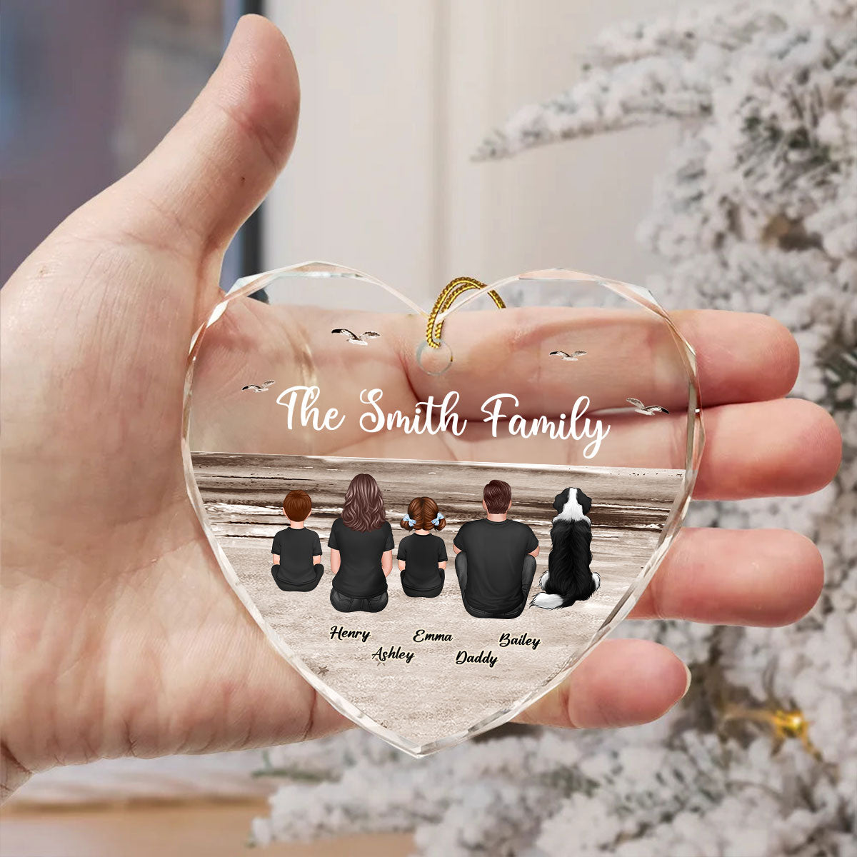 Family Sitting Back View Retro Vintage Beach Landscape Personalized Heart Glass Ornament