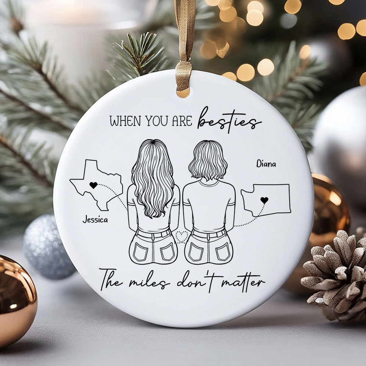 Outline Besties Sisters Long Distance Personalized Circle Ornament, Christmas Gift