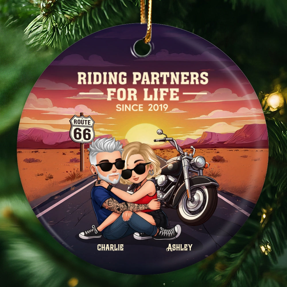 Bikers Couple Riding Partners for Life Personalized Ceramic Ornament, Gift for him, Gift for her