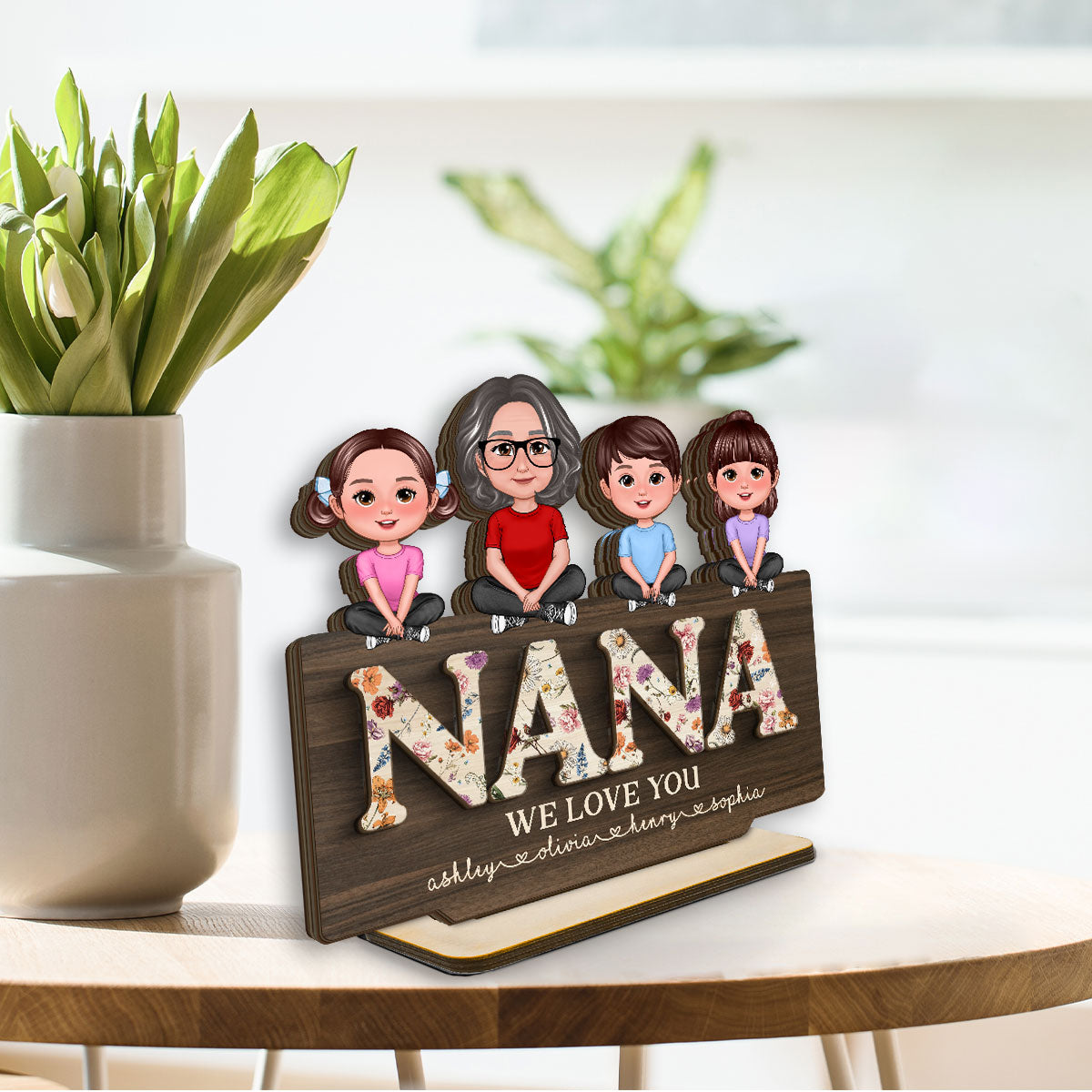 Mom Grandma We Love You Woman & Kids Crossed Legs Vintage Flowers Personalized 2-Layer Standing Wooden Plaque