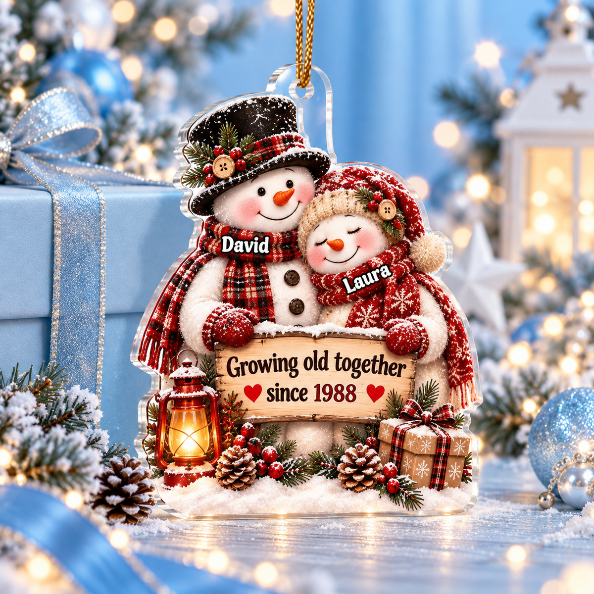 Snowman Couple Hugging Growing Old Together - Personalized Acrylic Ornament - Heartfelt Christmas Gift for Her, for Him