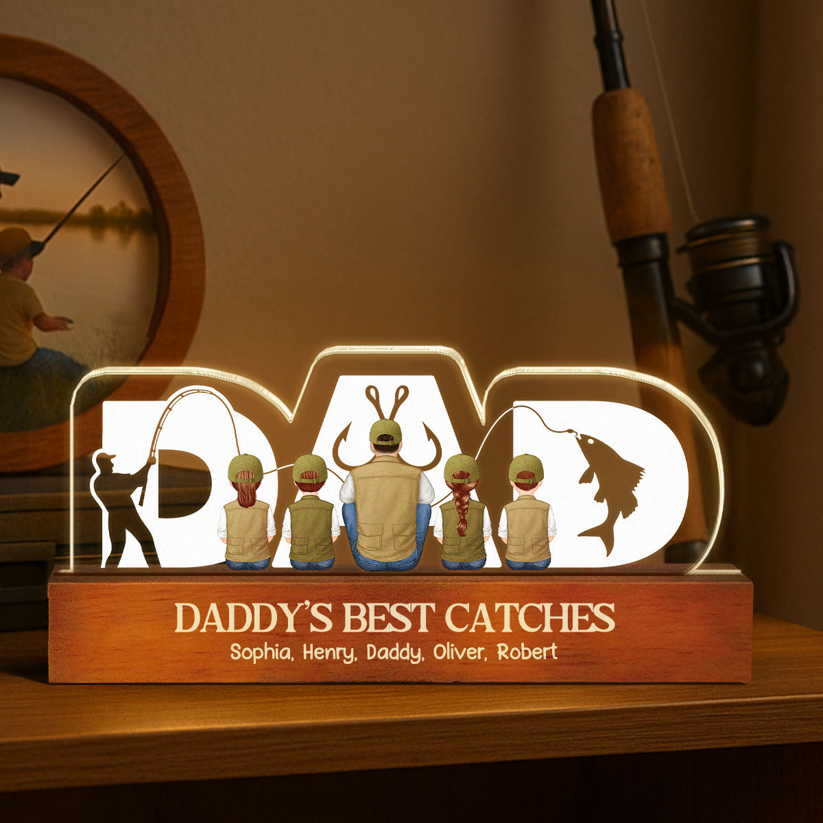 Fishing Dad Grandpa And Kids Back View Personalized Acrylic LED Night Light, Father's Day Gift for Dad, Gift for Husband
