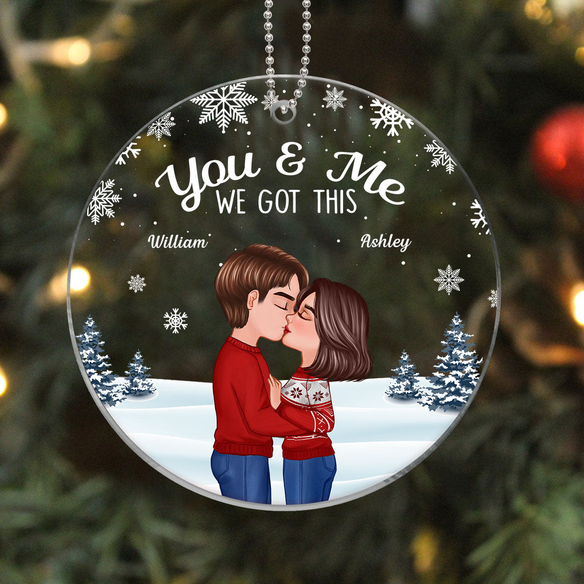 Christmas Doll Couple Kissing Under Snow Personalized Acrylic Ornament