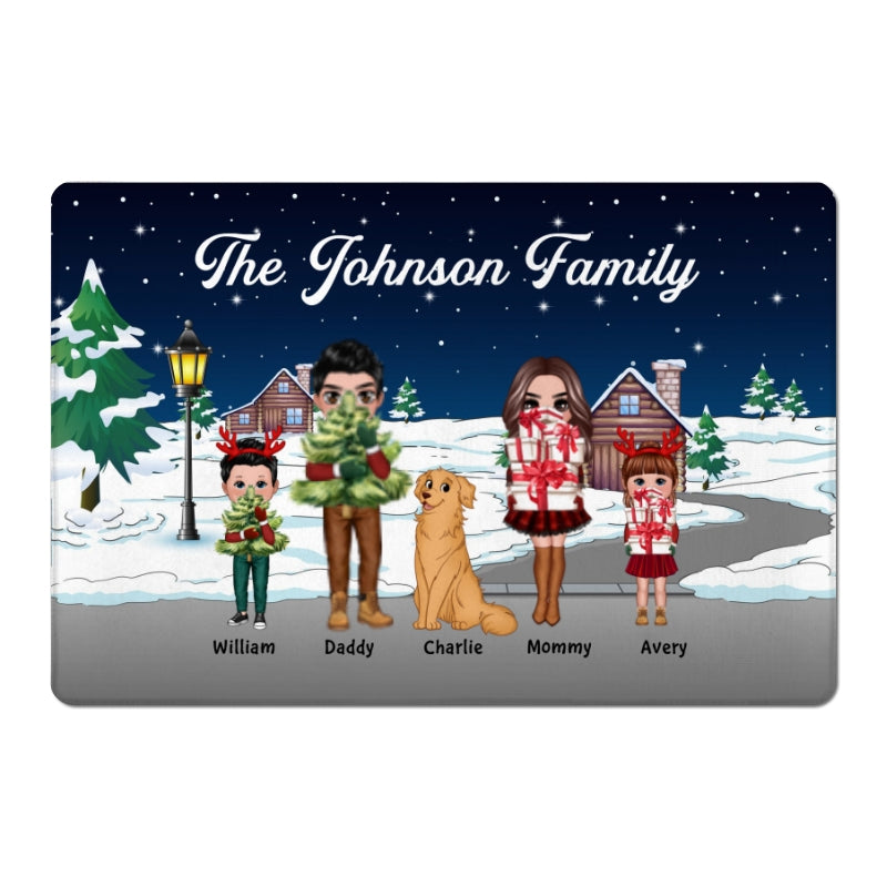 Doll Family Holding Christmas Things Personalized Doormat