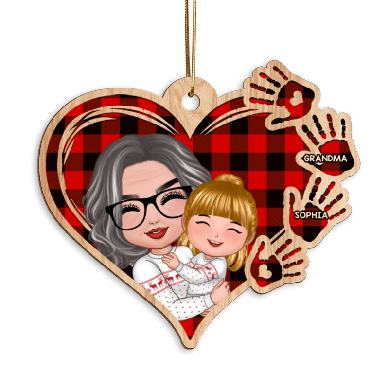 Grandma Mom Hugging Kid Checkered Pattern Heart Handprints Personalized Wooden Ornament