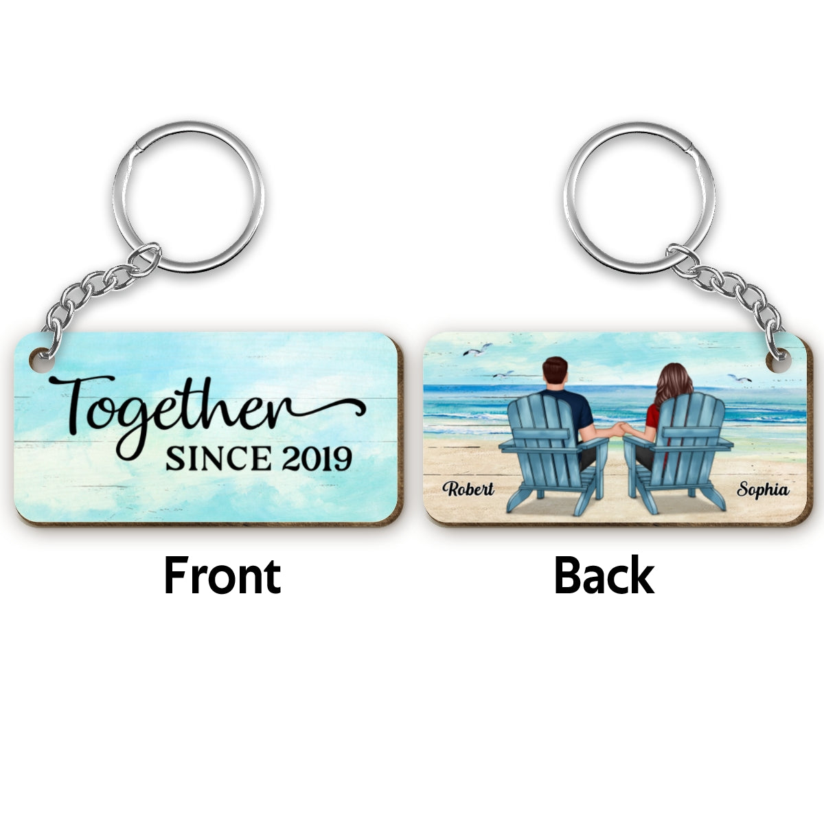 Couple Sitting Landscape Background Personalized Wooden Keychain
