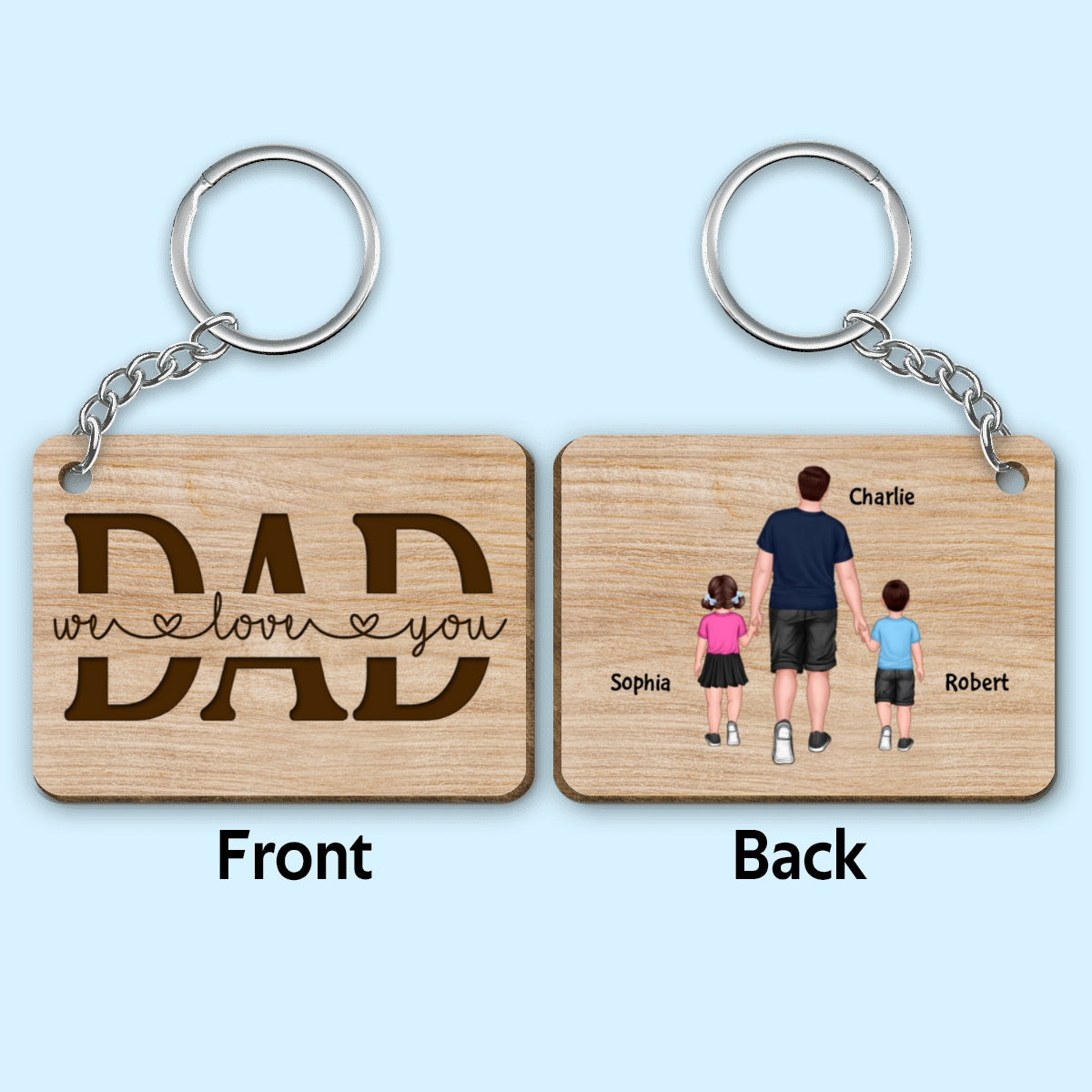 Best Dad Ever Back View Walking Dad & Kids - Personalized Wooden Keychain
